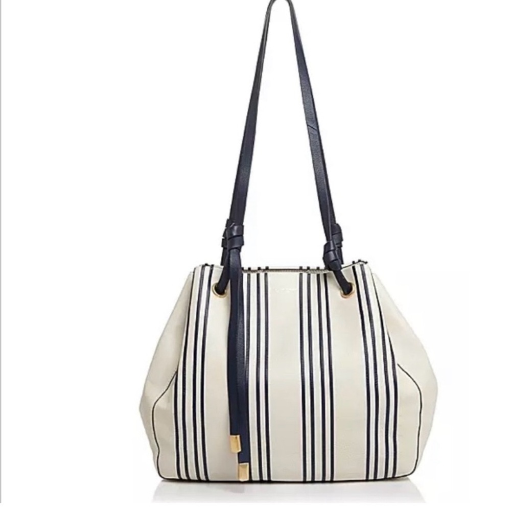 Tory Burch Cream and Navy Striped Drawstring Bucket Shoulder Bag - Picture 2 of 13